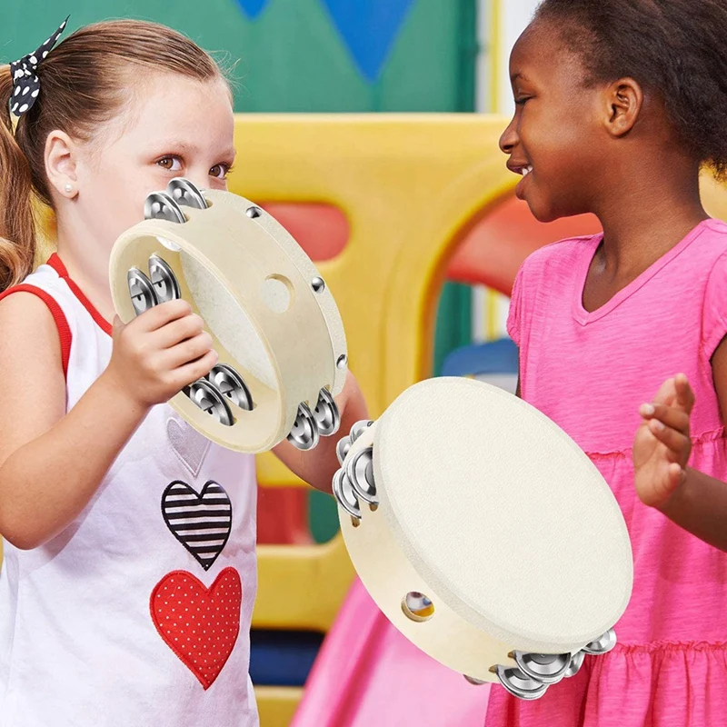

2 Pieces (8 Inch) Wood Handheld Tambourine Single Row, Tambourines with Jingle Bells(Log)