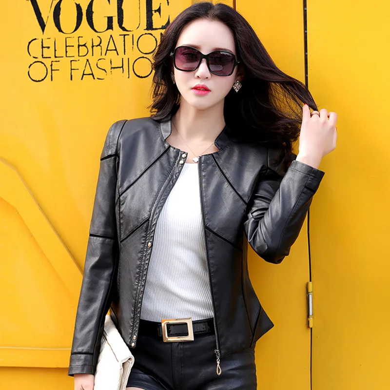 

women's stitching leather coat mother wears large size coat PU jacket Korean locomotive leather jacket short trench black jacket
