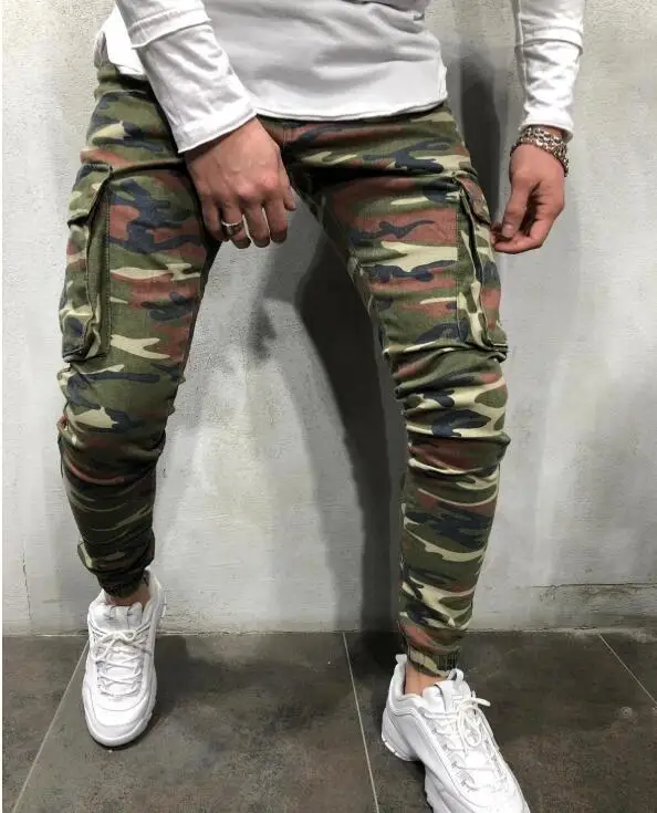 Men Multi-pocket Stretch Jeans Camouflage Elastic-leg Jeans Streetwear Denim Pants Slim Fit Zipper Decoration Ripped Jeans Male