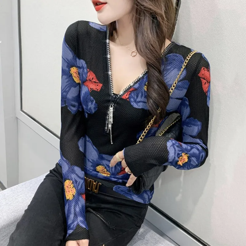 

#8907 Flower Printed Mesh T Shirt Women V Neck With Zipper Black Long Sleeve T Shirt Femme Vintage Skinny T-shirt Femme Short