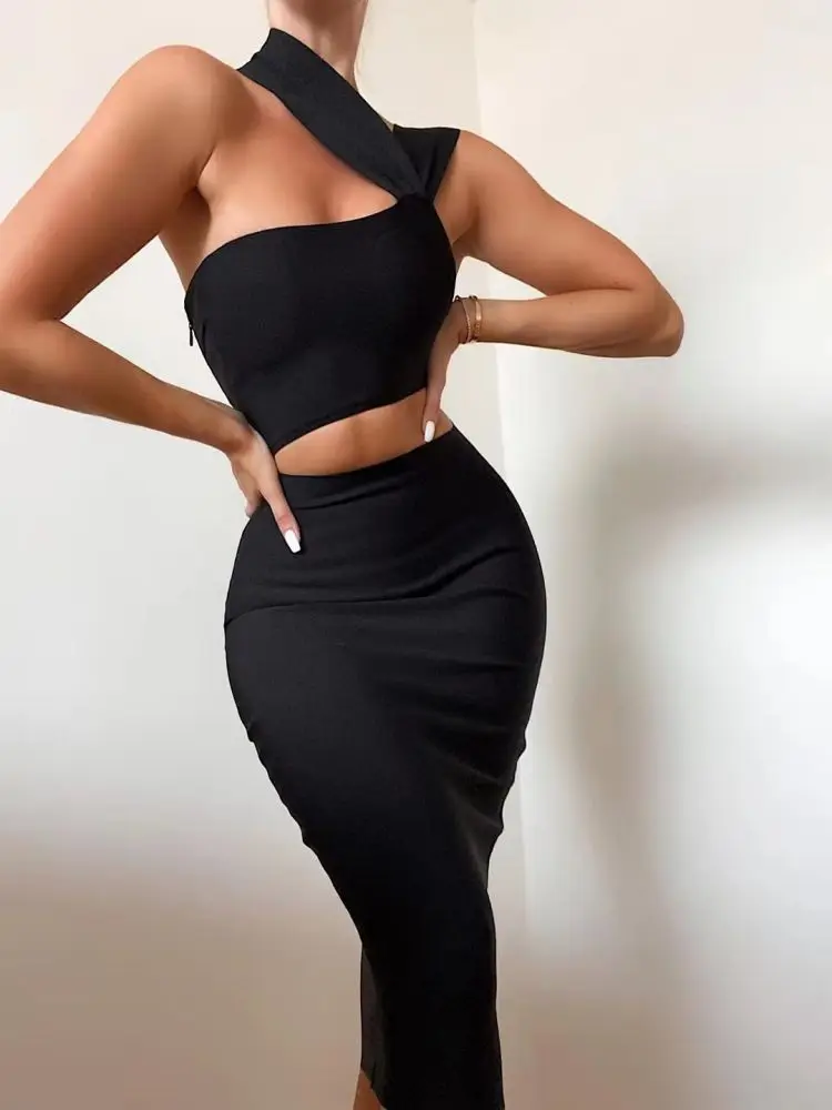 

KLEEZY 2021 New Fashion Summer Women Bodycon Halter Hollow Out Off Shoulder Midi Dress Sexy Bandage High Street Party Vestidos