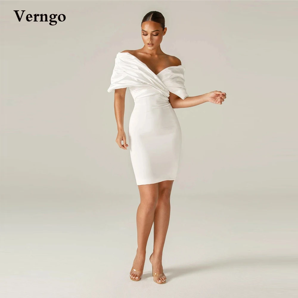 

Verngo White Silk Satin Short Prom Dresses Off the Shoulder Pleats Above Knee Length Simple Cocktail Party Gowns 2021