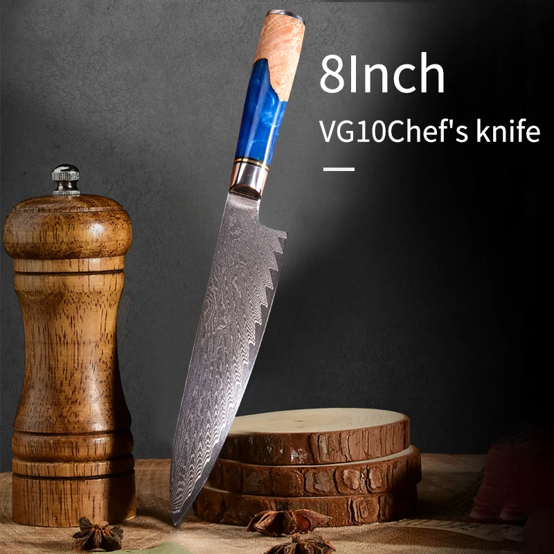 

Кухонный нож шеф-повара VG10 из дамасской стали, нож для очистки хлеба, нож с синей смолой и цветной деревянной ручкой, кухонный инструмент