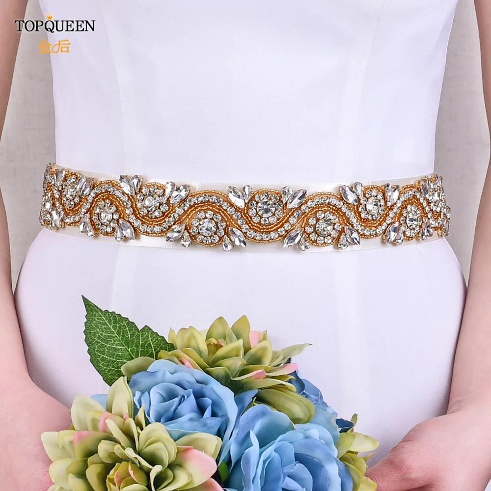 TOPQUEEN S164-G Золотая лента для платья Золотые стразы пояс невесты подружки