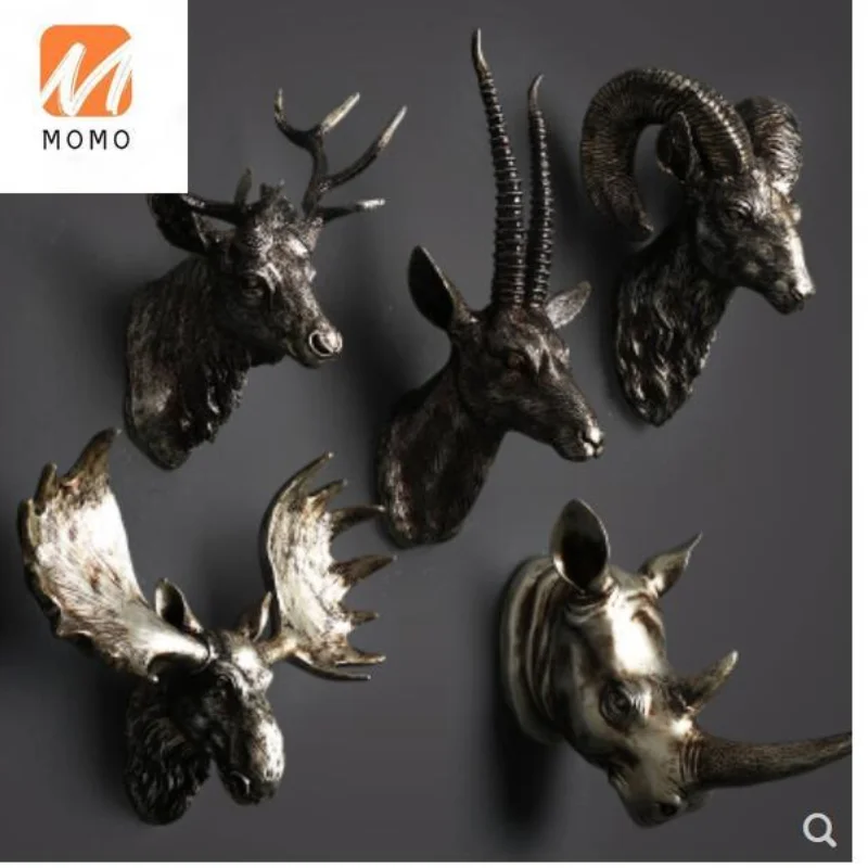 

Rhino head sheep head deer Rhinoceros retro creative home pendant resin animal head wall hanging decorations cculpture statue