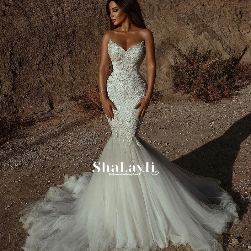 

Luxury Mermaid Wedding Dress Sexy Silky Organza With Beading Sheath-column Strapless Sleeveless Wedding Gowns Robes De Mariée