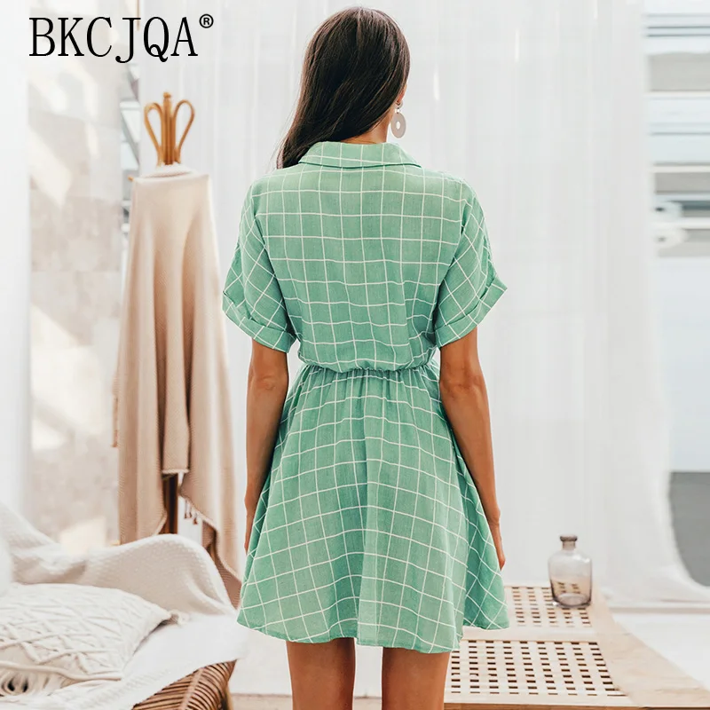 Женское платье Элегантное клетчатое с поясом женское коротким рукавом