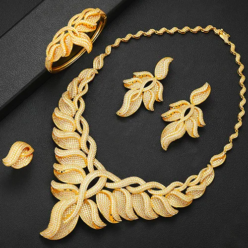 Gold SISCATHY известный бренд Мода лист подвески массивное ожерелье и серьги браслет кольцо комплект ювелирных изделий класса люкс в нигерийском стиле ювелирные комплекты Dubai - Окраска металла: Gold