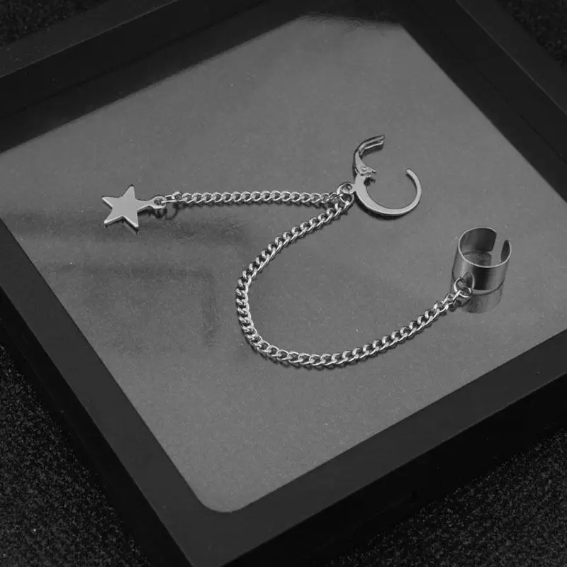 

4 PCS Stainless Steel Ear Cuffs Dangle Chain Earrings Cross Star Pendant Ring Hoop Set