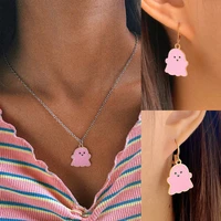 ins candy color ghost jewelry sets for women cute drop oil cartoon pendant necklace earrings set y2k fashion jewelry girls gift