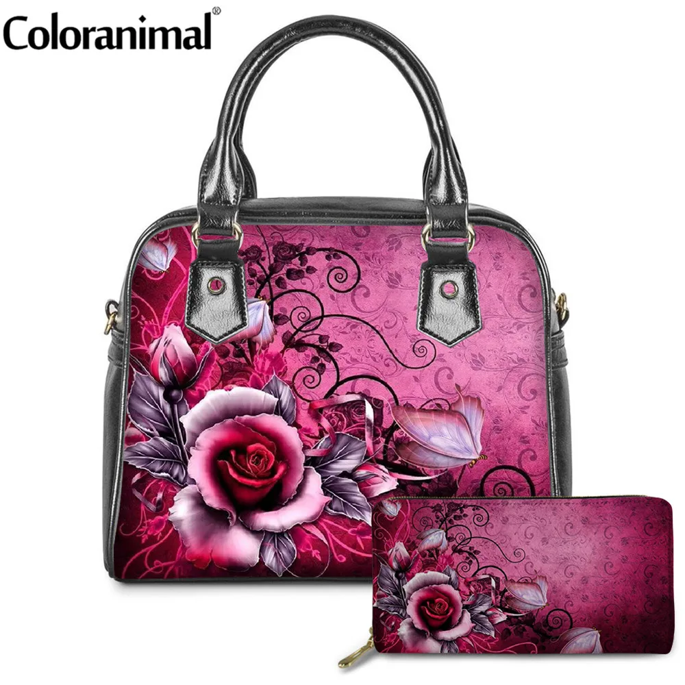 Coloranimal для женщин 2 шт./компл. Сумки из натуральной кожи кошелек красивая роза с