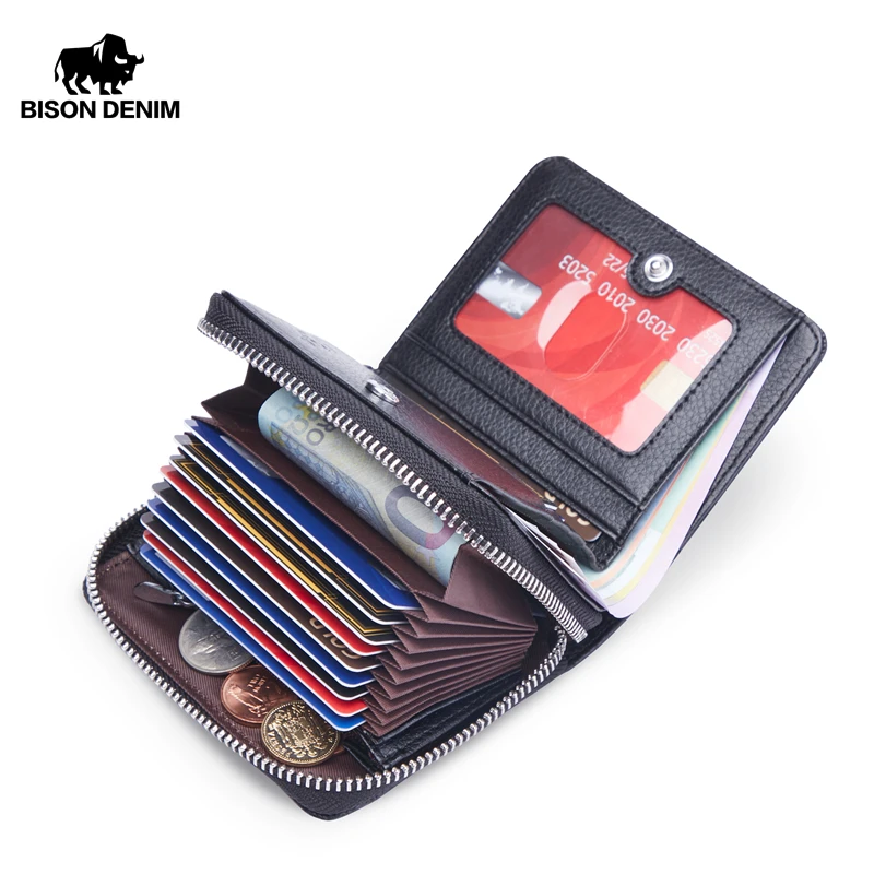 

BISON DENIM Wallet for Men Genuine Leather with Zipper Rfid Blocking Short Wallet Multifunction Coin Purse Card Holder W4534