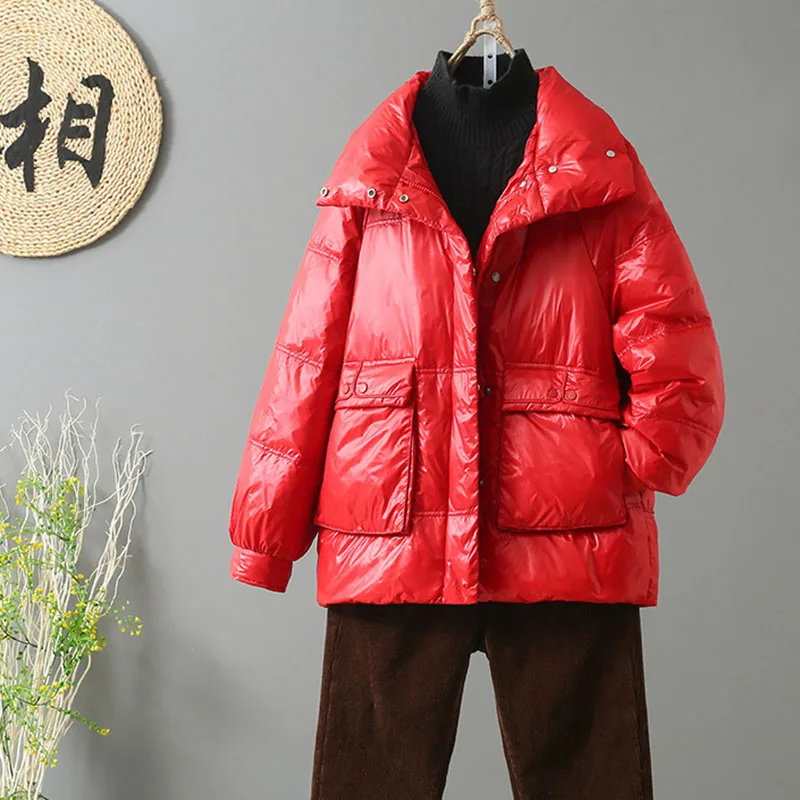 Пуховик женский на белом утином пуху с высоким воротником свободный Осень-зима