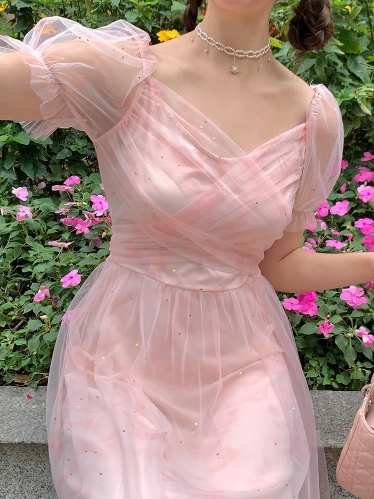 

V-neck Elegant Vintage Dress Women Short Sleeve Chiffon One Piece Dress Korean Party Beach Dress Females Sweet Chic 2021 Summer