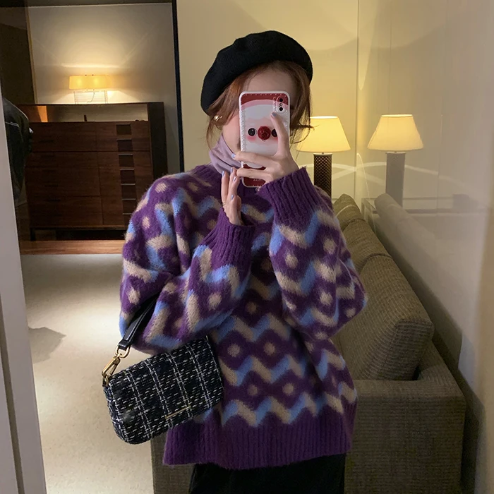 

GRUIICEEN New Arrivals Loose Argyle Round Collar Winter Thick Long Sleeve Knitting Pullovers Women Sweaters