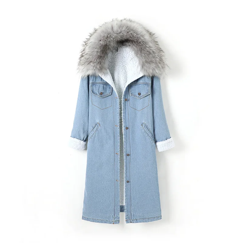 

Winter Women Thick Warm Long Jeans Jacket Fashion Big Fur Collar Long Sleeve Button Denim Coat Woman Casual Loose Padded Jackets
