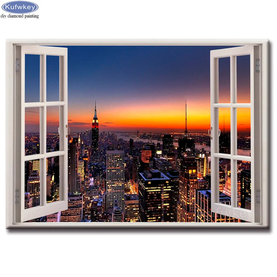 Алмазная 5D картина Ночное Видение города перед окном Набор для вышивки стразами