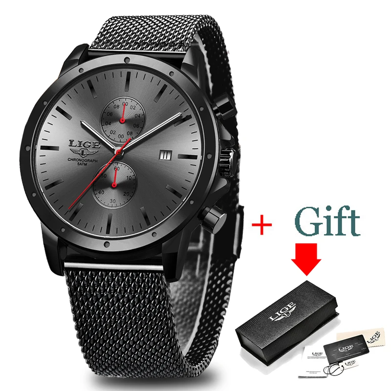 

2020 Mens Watches LIGE Top Brand Luxury Full Steel Mesh Belt Watch Men Waterproof Chronograph Quartz Watch+Box Relogio Masculino