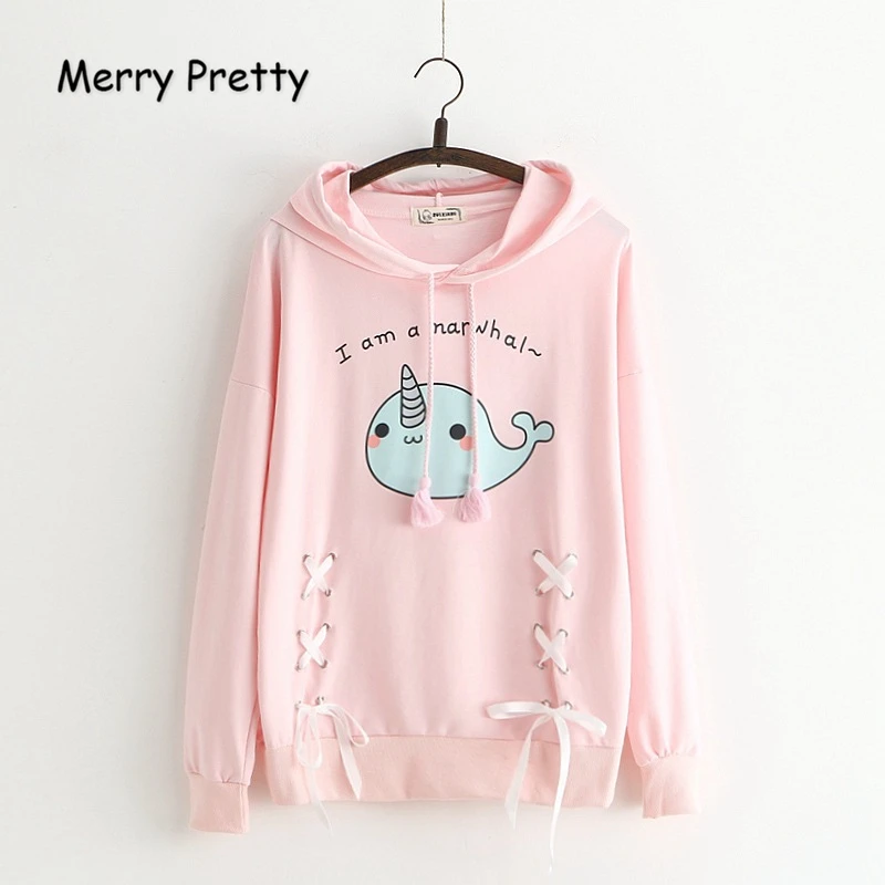 

XUANHAO Cartoon Unicorn Print Hooded Sweatshirts 2020 Autumn Long Sleeve Cooton Cute Pullovers Femme Lace Up Sweet Hoodies