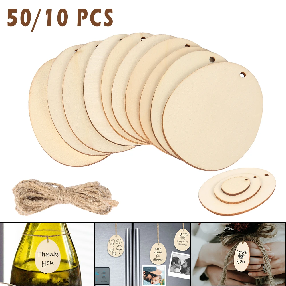 

10pcs/50pcs Wooden Label Nature Wood Slice Gift Tags Hanging Label Wedding Party With Hemp Ropes for Christmas tree Decorations