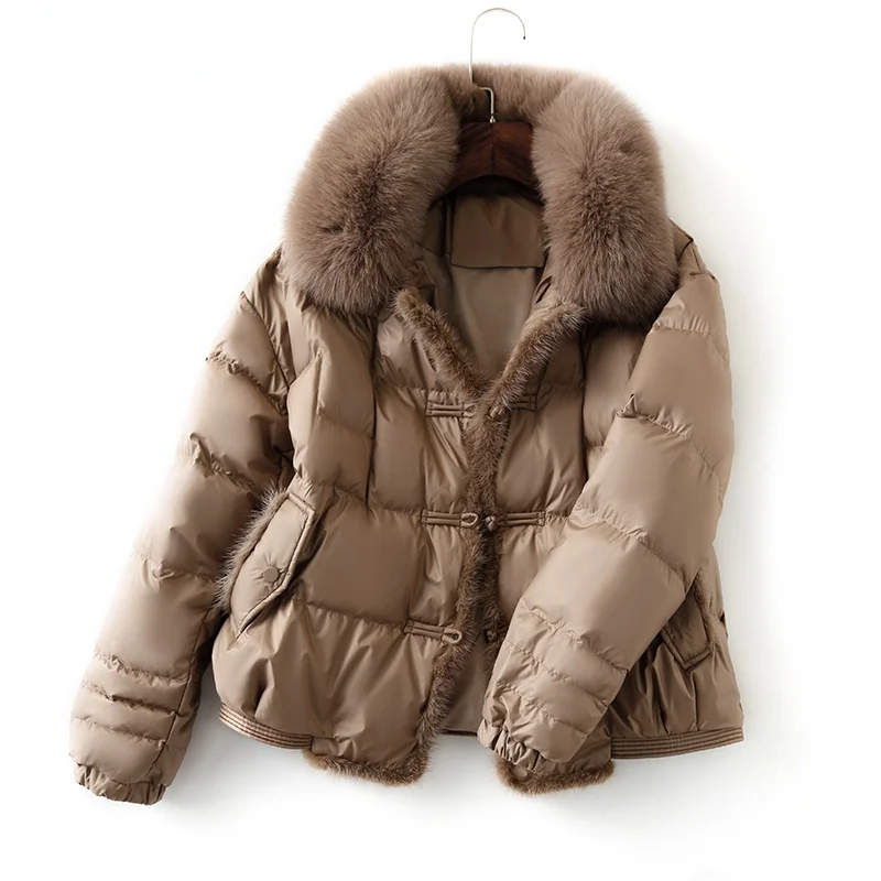 

Winter Women Real Fox Fur Collar 90% White Duck Down Jacket Ladies Warm Puffer Coat Female Vintage Button Thick Parkas