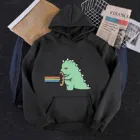 Черные толстовки с принтом динозавра, женские толстовки с большими карманами и длинным рукавом, уличная одежда в стиле Харадзюку, блузы с капюшоном, осенние толстовки оверсайз