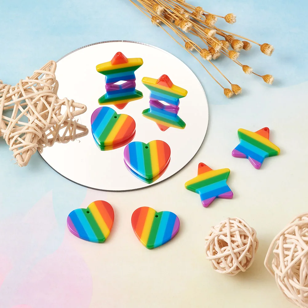 12 Pcs Rainbow Heart Star Plastic Charms Colorful Stripe Pendants For DIY Earrings Necklaces Jewelry Making Accessories 2 Style |