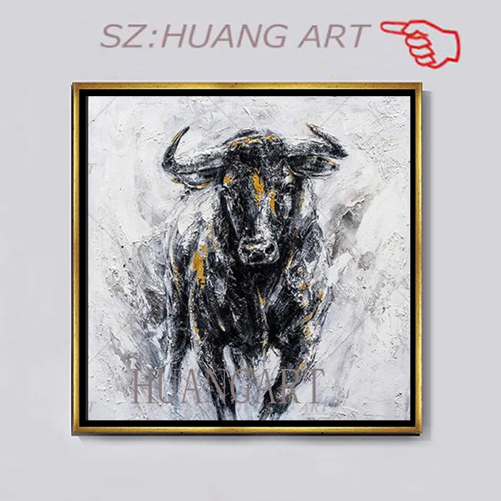 

Artist Hand-painted Funny Cute Cow Oil Painting on Canvas Handmade Modern Cartoon Animal Cow Eating Oil Painting for Baby Room