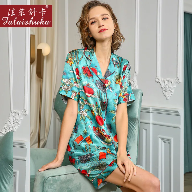 100% Natural Silk Pajama Sets Female Summer Real Silkworm Silk Sleepwear Short Sleeve Shorts Printed Women Pyjamas T8223