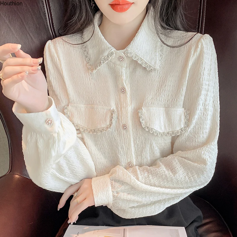 

Autumn New Women's Blouses Polo Shirt Long Sleeve Tops Solid Color Blouse Girl Chiffon Casual Fashion Lady Loose