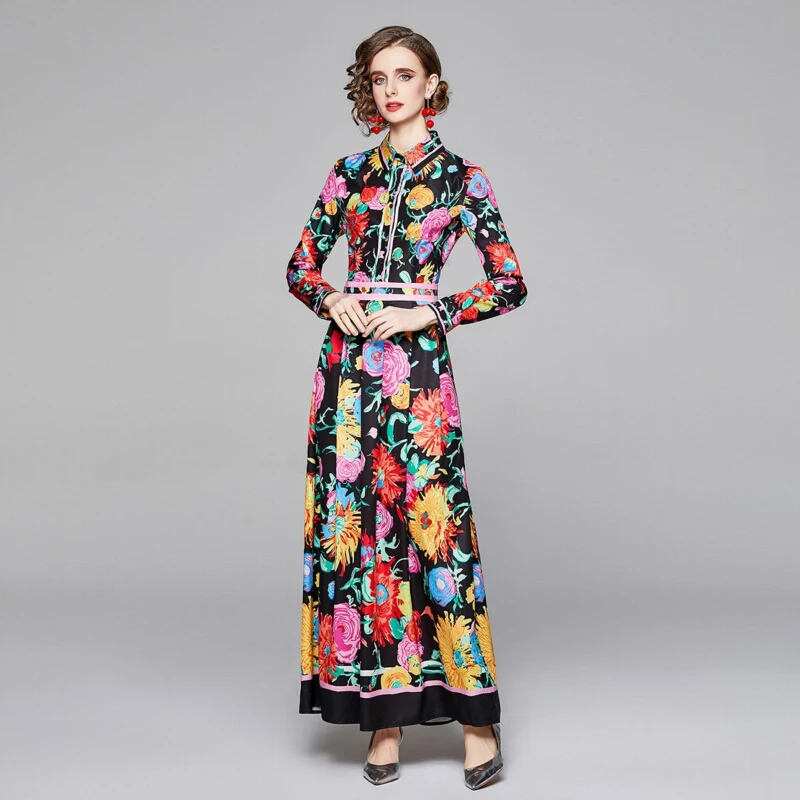 

2021 New Fashion Designer Runway Beach Long Dress Robe Femme Turn Down Neck Long Sleeve Floral Print Vintage Party Maxi Dresses