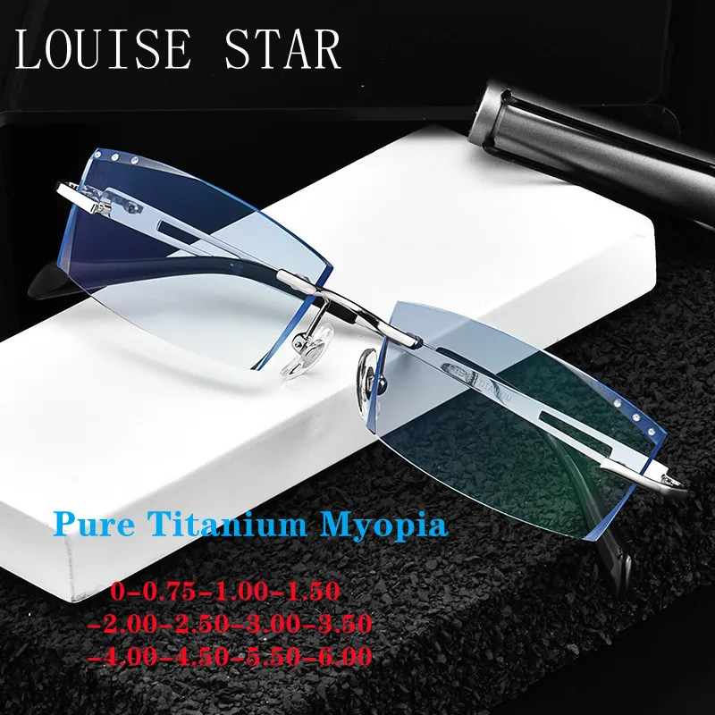

Pure Titanium Finished Myopia Glasses Frame Men's Fashion Rimless Business Diamond Photochromic Sunglasses Myopia Refractometer