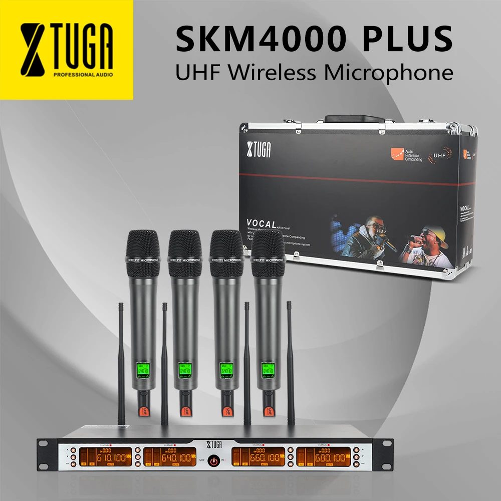 XTUGA SKM4000 PLUS Профессиональный 4*100 каналов UHF беспроводной микрофон системы металл встроенный, выбор частоты, до 260Ft