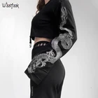 Женский свитшот с круглым вырезом Waatfaak, укороченная Толстовка в готическом стиле с расклешенными рукавами и принтом дракона, худи в стиле панк, черный готический топ на осень