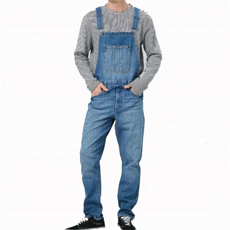 

KIMSERE Men's Jeans Bib Overalls Fashion Denim Jumpsuits Workwear Suspender Pants With Big Pocket Washed Blue Size S-XXXL