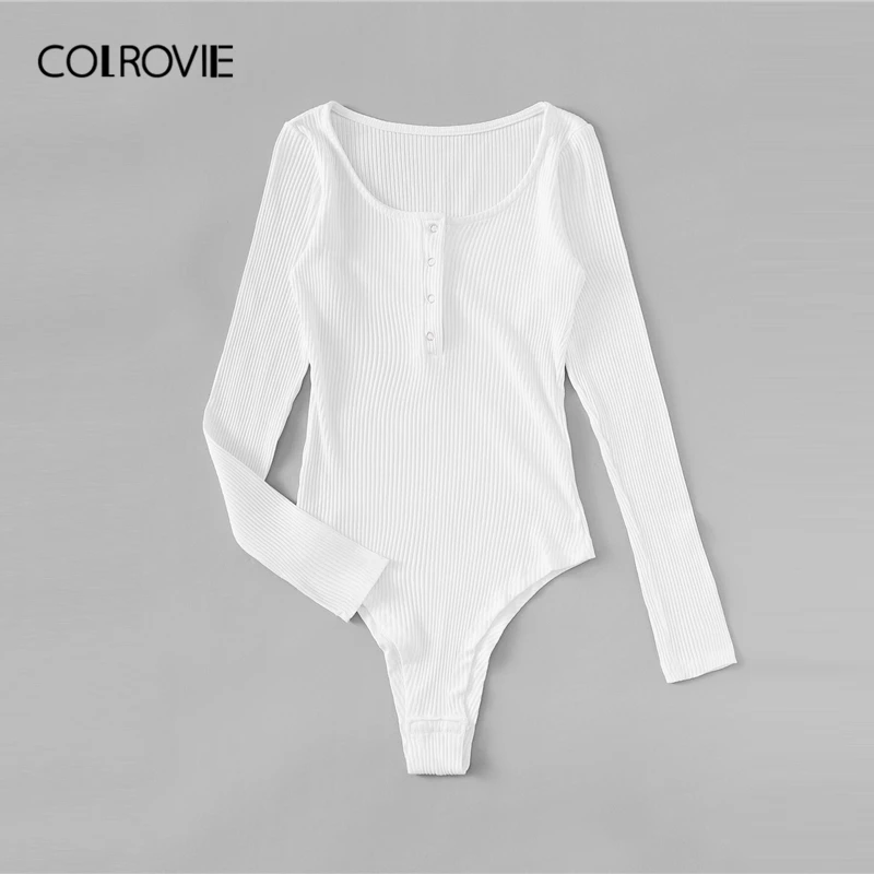 COLROVIE белое с глубоким круглым декольте боди с резинкой для женщин осень с длинным рукавом обтягивающие сексуальные однотонные Повседневные базовые боди