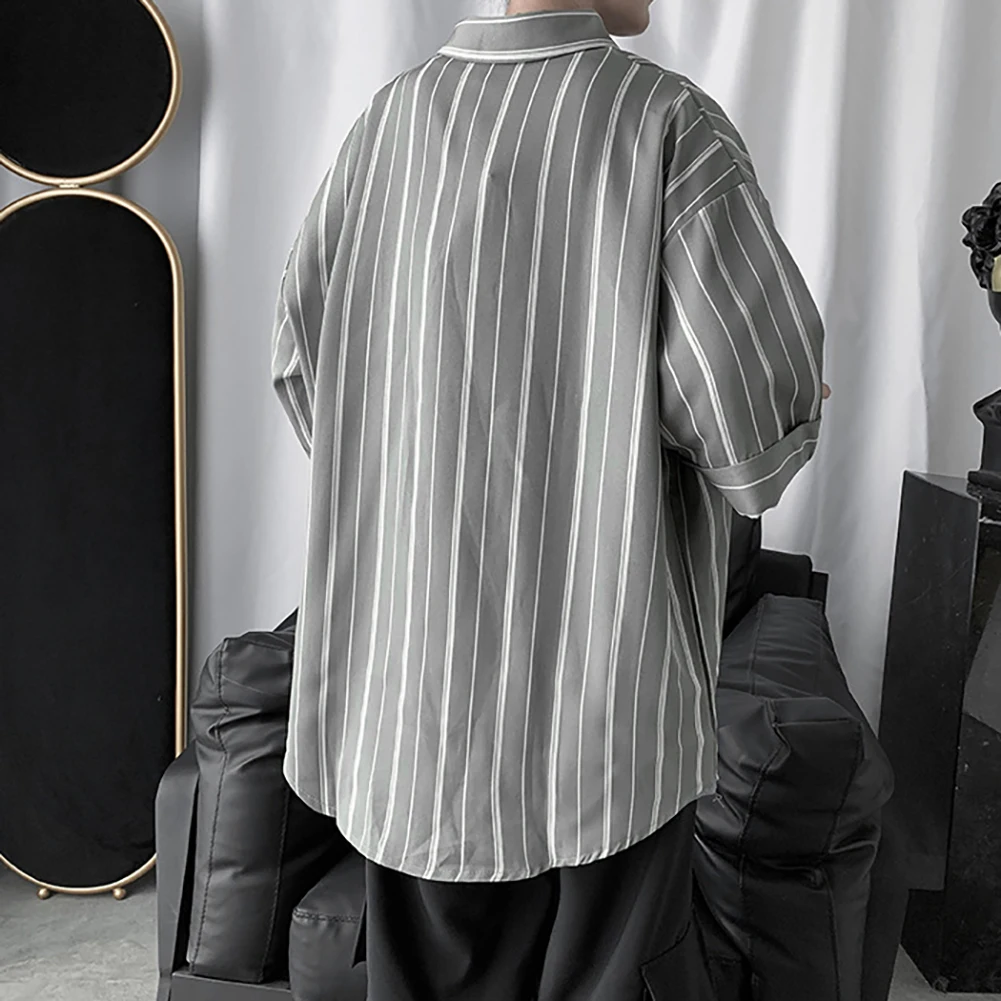 

Regular Striped Short Sleeves Turn-down Collar Drop-Shoulder Men Loose Top Shirt Polyester Cotton Hand Wash Comfortable Striped