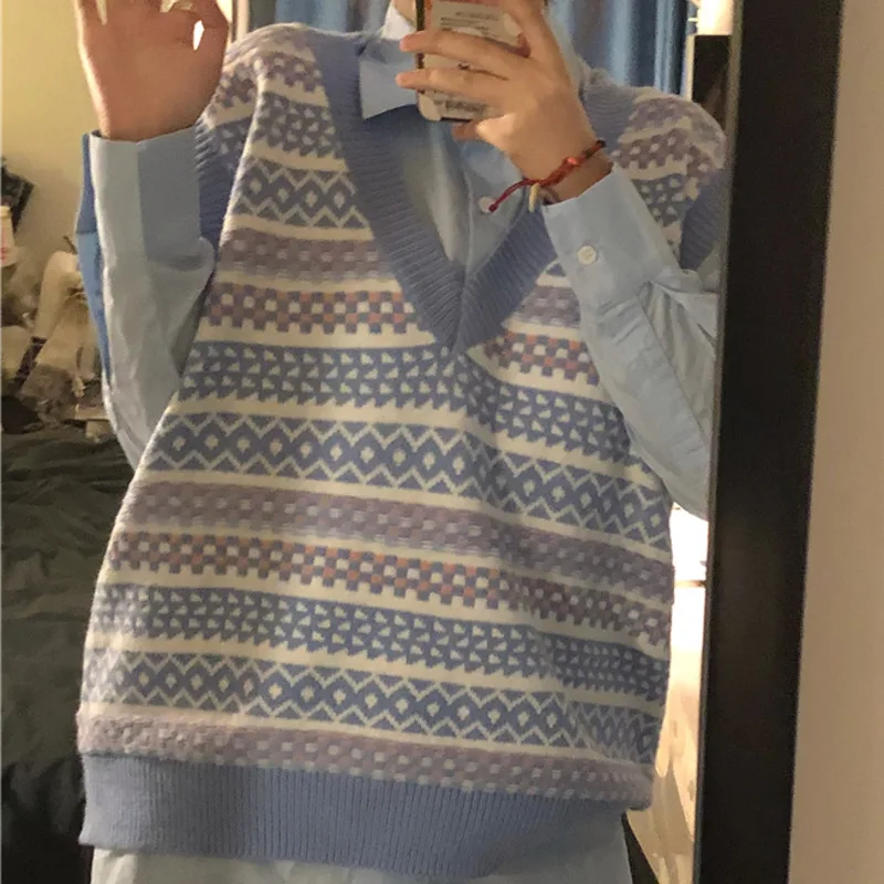 

Вязаный жилет в полоску с лошадью, свитер с V-образным вырезом, складная рубашка, новинка 2021, Корейская свободная модная одежда