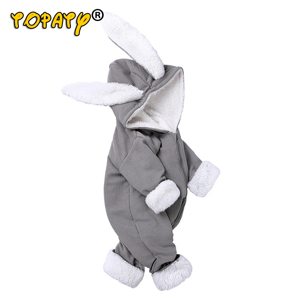 Winter Baby Rompers Boy Jumpsuits Thicker plus velvet Hooded Rabit Ear One-pieces For Girls