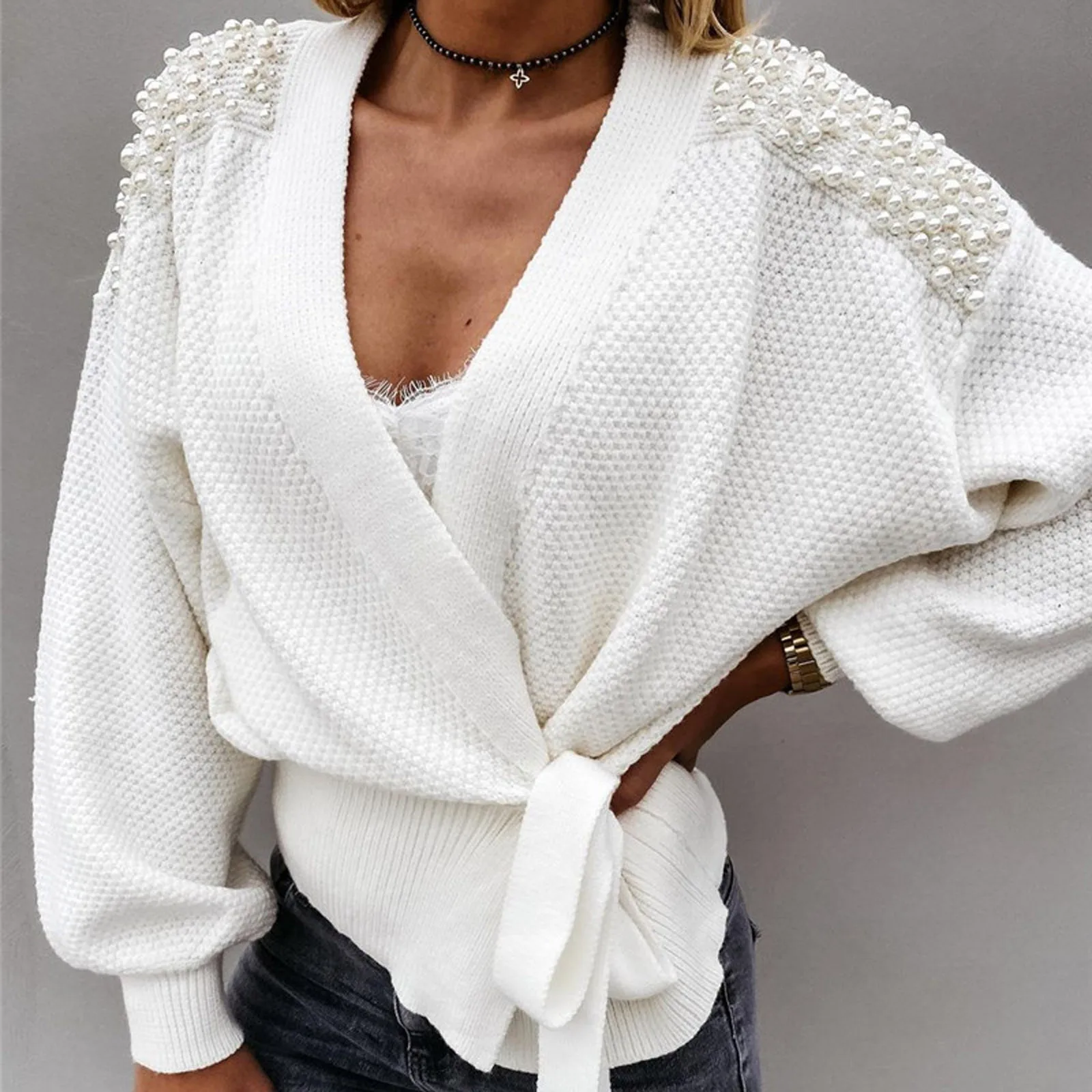 

New Women's Loose Long Sleeve Cardigan Knit Sweater Lace Up Top Sweater Women