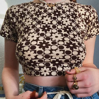 2021 summer new women's print contrast slim open navel top round neck short sleeve retro T-shirt for women y2k goth tops