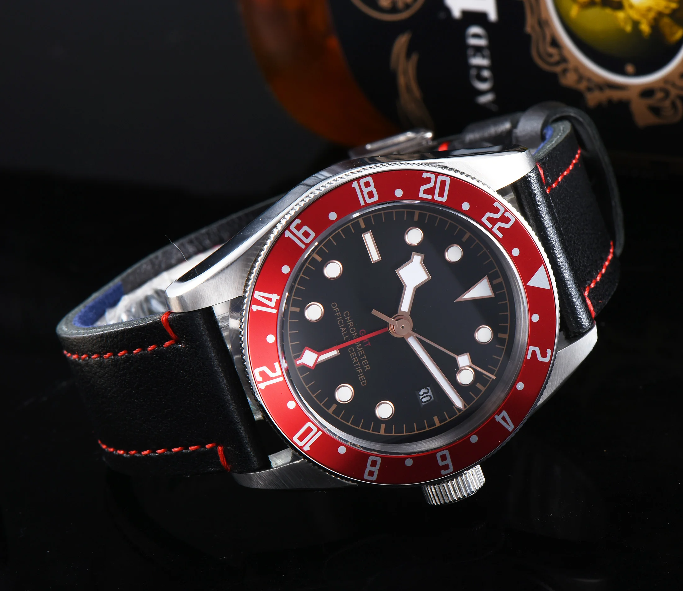 Corgeut 41 мм стерильные GMT часы черный циферблат Bay красный ободок окно даты автоматические мужские часы