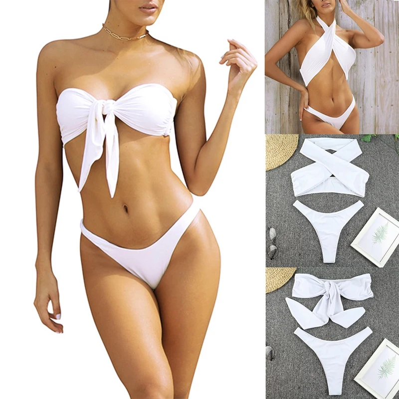 

Hot kf-Bandeau Swimsuit Women Bikini Set Low Waist Swimwear Female Knot Vintage Biquini Sexy Off Shoulder Bathing Suit