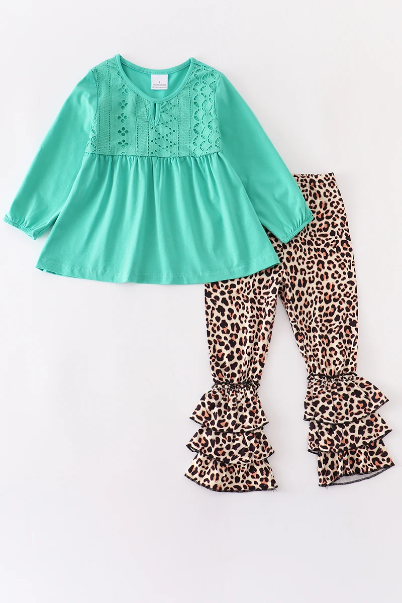 

Girlymax Fall/Winter Baby Girls Mint Top Ruffles Leopard Pants Set Children Clothes Boutique Outfits Kids Clothing