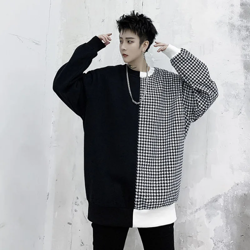 Мужской Клетчатый пуловер с длинным рукавом свитшот мужской японский уличный