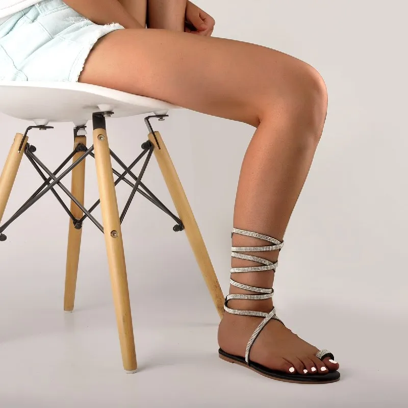 

Summer Women's Flats Richealnana Lace-Up Ankle Bling Rhinestone Strappy Toe Ring Sandals Casual Party Dressing Large Size US15