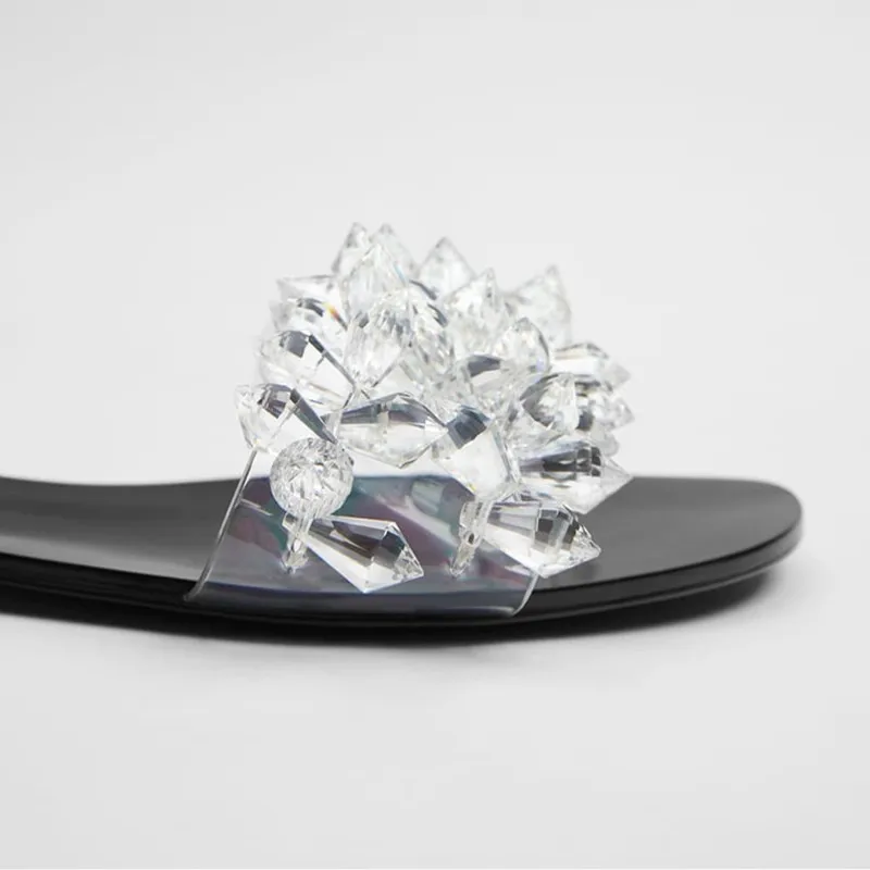 Женские сланцы с блестящими стразами пляжные тапочки прозрачным верхом на