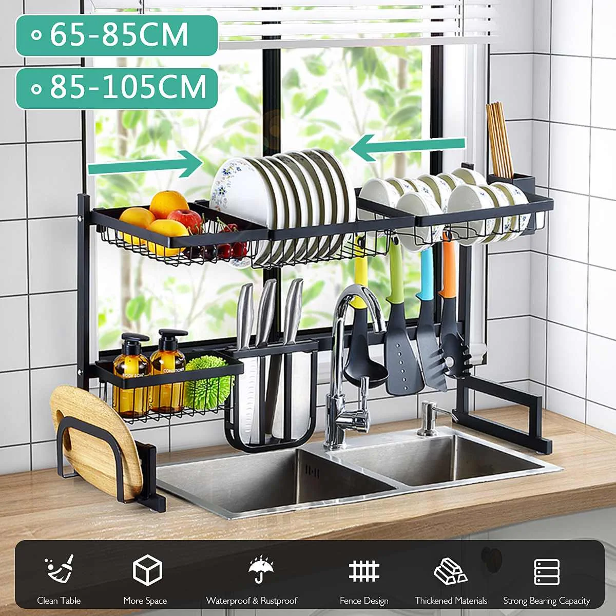 

65-105cm Width Adjustable Stainless Steel Kitchen Shelf Organizer Over The Sink Space Saver Stand Tableware Drainer Organizer