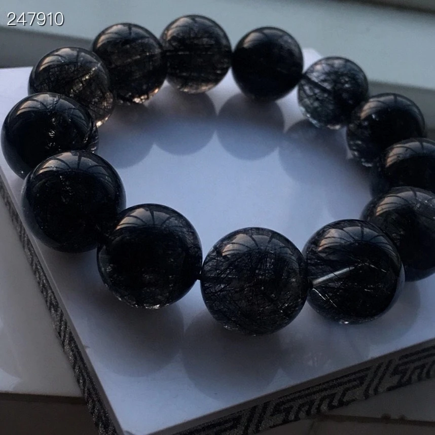 

Genuine Natural Black Rutilated Quartz Crystal Bracelet 18.2mm Big Clear Round Beads Women Men From Brazil Genuine AAAAAA
