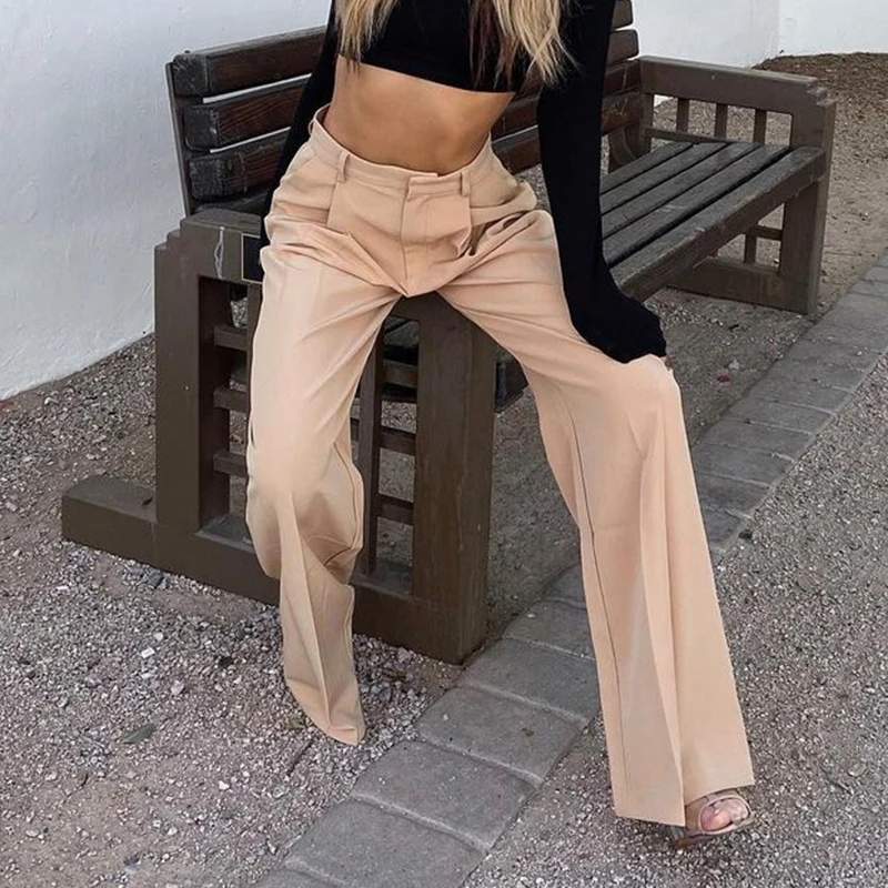 

IAMSURE Loose Solid Suits Pants Office Ladies High Waisted Trousers Casual Elegant Wide Leg Pants Women 2021 Fashion Streetwear